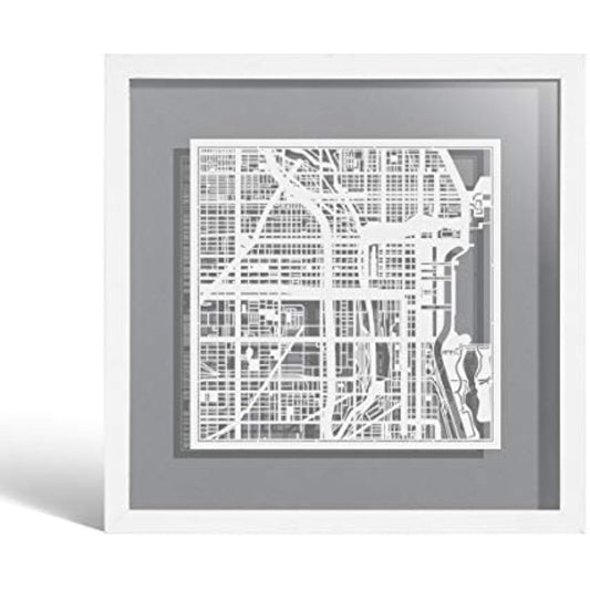 O3 DESIGN STUDIO Chicago Paper Cut Map framed, White map, White frame, 9x9 inches, Gift Boxed, 4 background color, self-changing, Paper Art