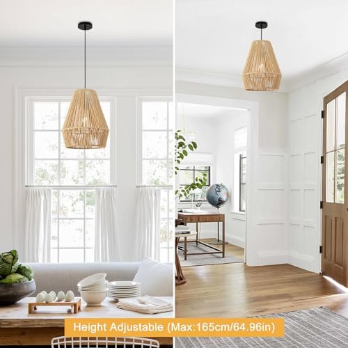 FORCOSO Rattan Pendant Ceiling Light, Boho Lamp Hanging Light Shade Rattan Lampshade, Vintage E27 Light Fitting, Rustic Ceiling Lamp Fixtures for Living Room Bedroom Dining Table Hallway Kitchen