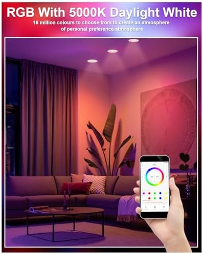 VARICART Smart LED Downlights for Ceiling Alexa, 10W Bluetooth RGB Colour Changing Spot Lights, Dimmable Recessed Ceiling Lights Daylight White 5000K, APP Control for Living Room Bedroom, 6 Pcs