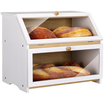 Leader Accessories Double Decker Bamboo Bread Bin 2-Layer Bread Box Large Capacity Bread Storage for Kitchen 15.3"x9.8"x12.6" White