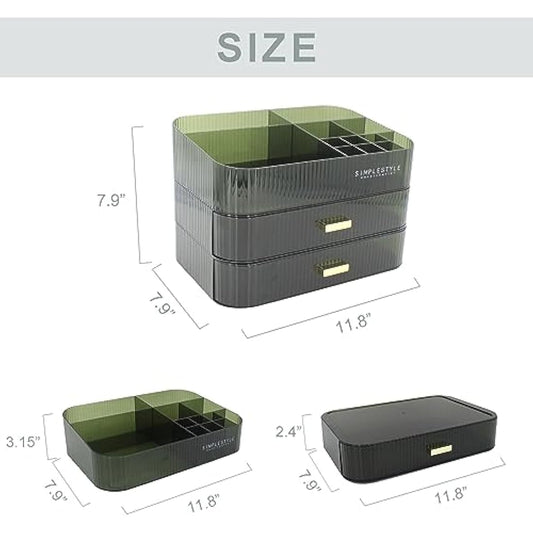 Womanht Makeup Organizer with 2 Drawers, Cosmetics Organizer for Bedroom and Bathroom Vanity Countertops, Large Capacity Cosmetic Storage Box for Skincare Cream Perfume Lipstick Dresser Counter-Green