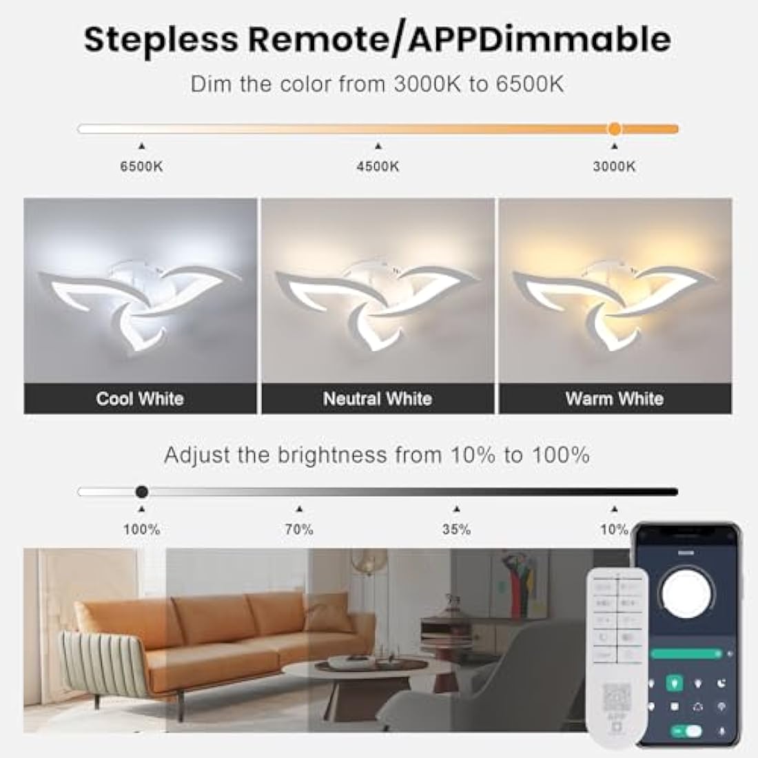 Dorlink LED Ceiling Light Dimmable, 36W 3240LM Modern Design Ceiling Lighting with Remote Control and APP,Acrylic White Flower Fittings Ceilings 3000K-6500K for Bedroom, Kitchen, Dining Room