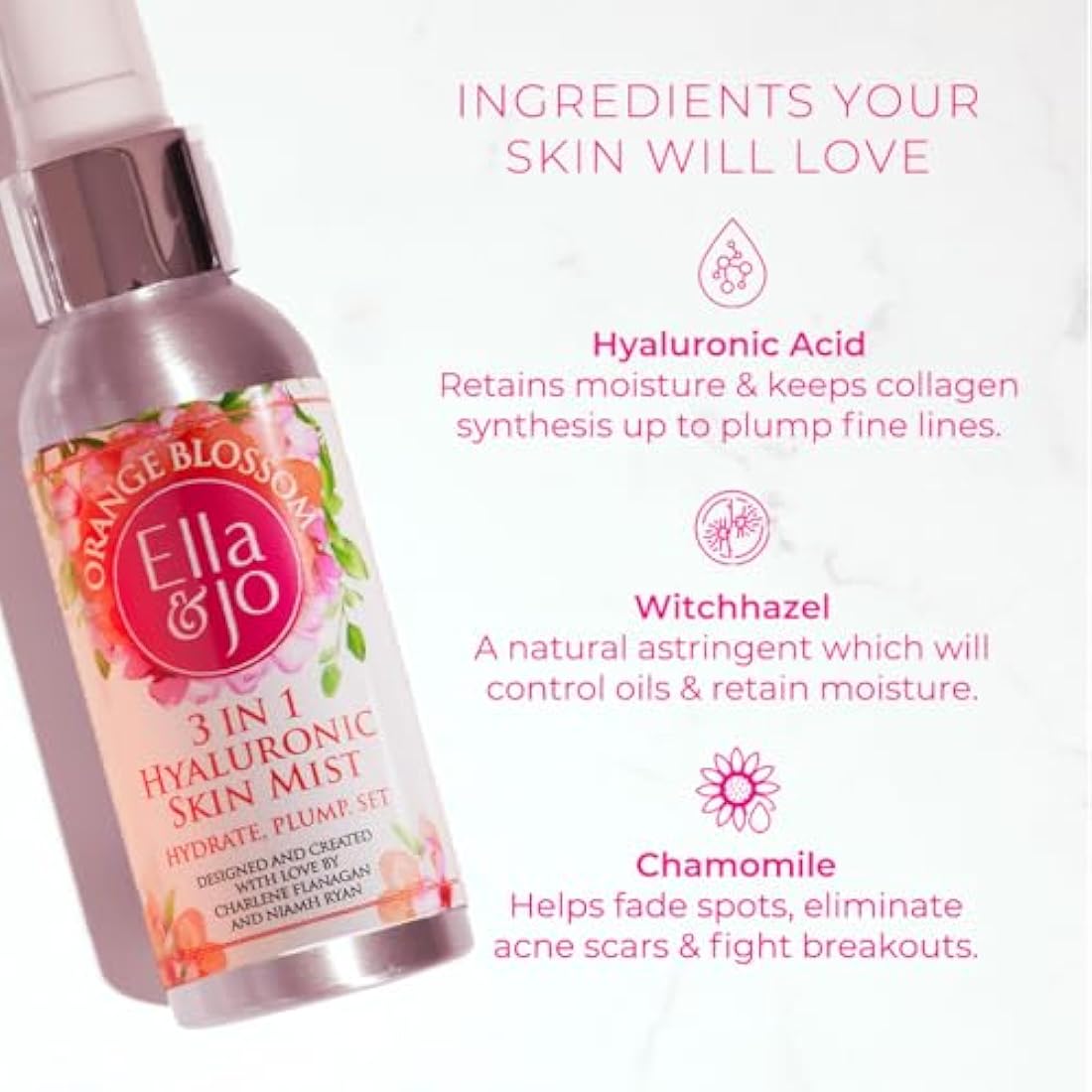 Ella & Jo 'Orange Blossom' 3 in1 Hyaluronic Skin Mist - Instant Hydration & Dewy Glow with Chamomile, Cucumber, Witchhazel, Aloe Vera & Green Tea Extract - Vegan, Cruelty-Free, Travel-Friendly 100ml