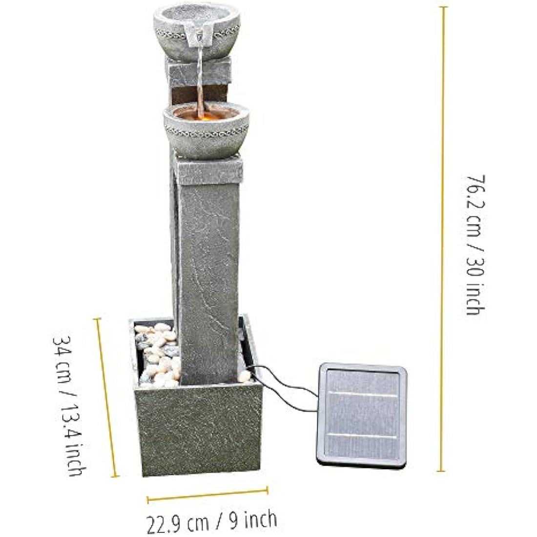 Teamson Home Solar Powered Water Feature, Indoor or Outdoor Garden Water Fountain, Indoor Waterfall with Battery Back Up and LED Lights, 3 Tier, Grey