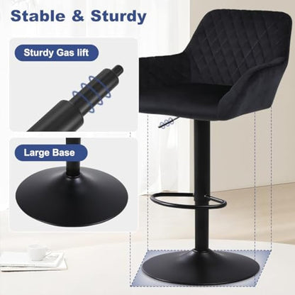 ralex-chair Bar Stools Set of 2, Height Adjustable Velvet Fabric Swivel Barstool Bar Chairs, Breakfast Dining Stools With Backrest and Armrest for Bar, Counter and Kitchen,Black