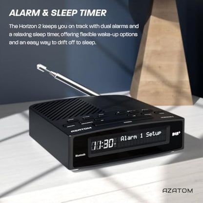 AZATOM Horizon 2 Black DAB+ & FM Radio, Dual Alarm Clock, Bluetooth, USB Mobile Charger, Mains & Battery Powered, Headphone Aux Input