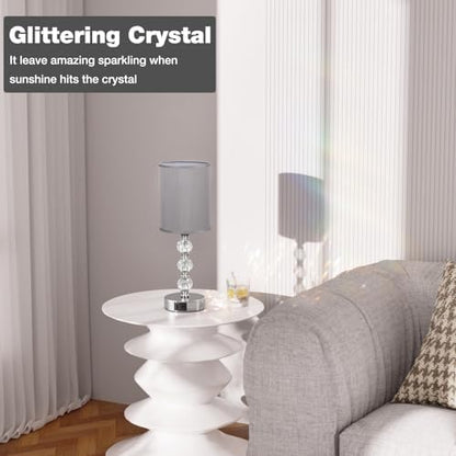 Aooshine Touch Table Lamp, Crystal Grey Bedside Lamps with 3 Way Dimmable, Small Bedside Lamp with USB C+A Charging Ports, Bedroom Lamps with Grey Fabric Shade for Living Room (LED Bulb Included)