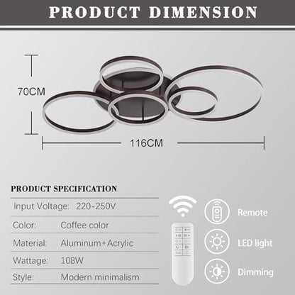 Minifair Dimmable Ceiling Light, 116Cm Flush Mount, 108W 6400Lm, 6 Rings, Brown, Living Room