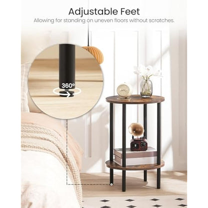CHOEZON Round Side Table, 2-Tier End Table, Small Round Nightstand with Sturdy Metal Tube, Industrial Coffee Table, for Living Room, Bedroom, Rustic Brown and Black DTBZ01BF