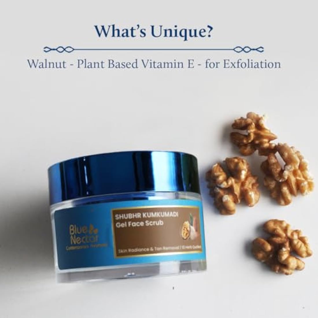 Blue Nectar Almond Oil and Walnut Gel Face Scrub for Deep exfoliation Tan removal and Glowing Skin (1.7 Oz, 10 Herbs)