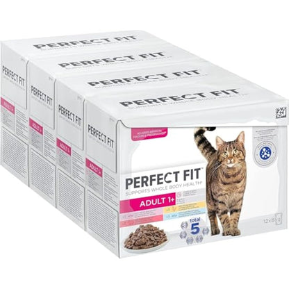 Perfect Fit 1+ Adult Mixed Selection in Sauce 48 Pouches, Complete Premium Wet Cat Food, Pack of 4 (12 x 85 g)