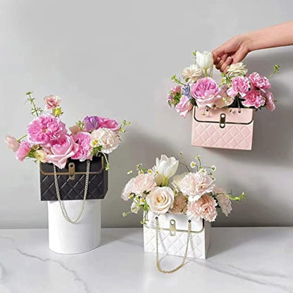 4PCS Flower Paper Box ‎CTDMJ Paper Flower Gift Bags Box Metal Chain Floral Arrangements Bouquets Bag Florist Bag Bouquet Storage Bucket Wedding Party Gift Wrap Bag (3 Colors), black white pink