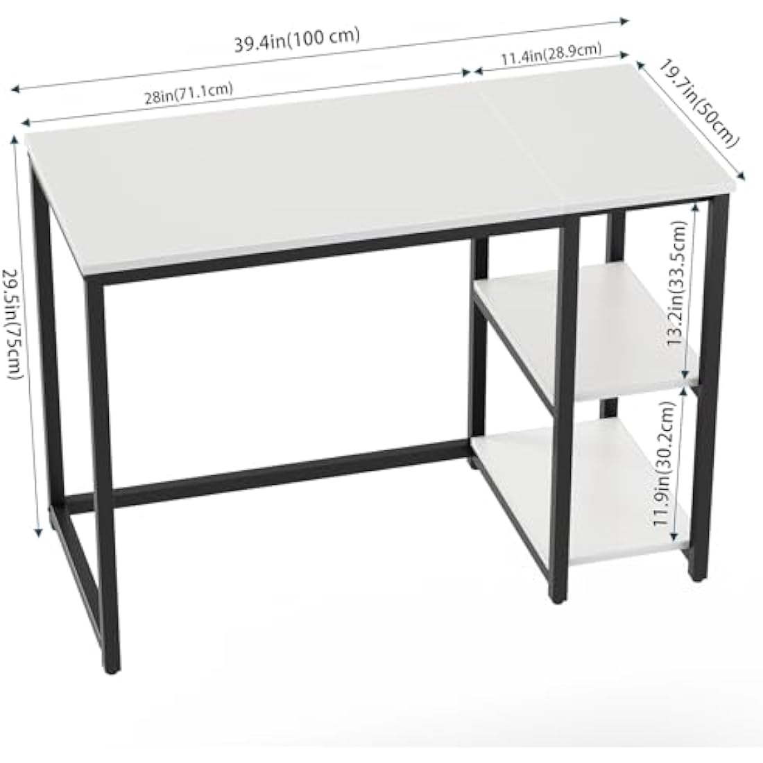 WOHOMO Computer Desk with 2-Tier Shelves 100cm Small Home Office Desk with Large Storage Space Sturdy Modern Gaming Desk for Bedroom Study Writing Laptop Table, White