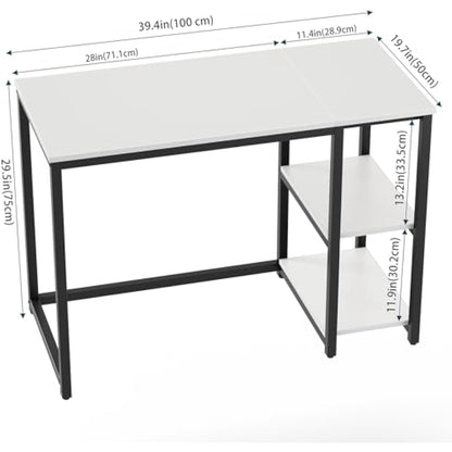 WOHOMO Computer Desk with 2-Tier Shelves 100cm Small Home Office Desk with Large Storage Space Sturdy Modern Gaming Desk for Bedroom Study Writing Laptop Table, White