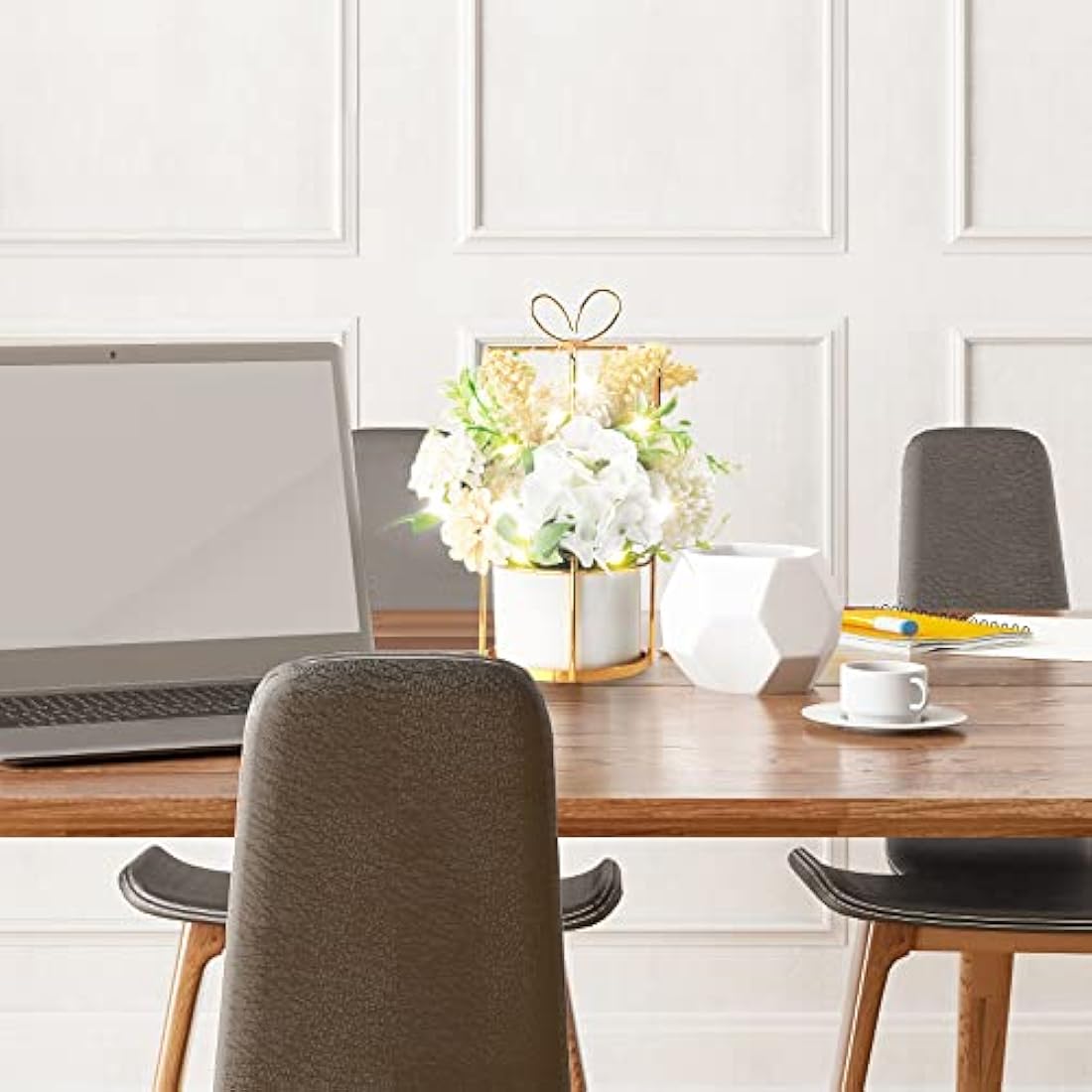 BEGONDIS Set of 2 LED Artificial Flowers Potted Fake White Flowers Hanging Potted Plants For Home Living Room Office Party Decor Decoration