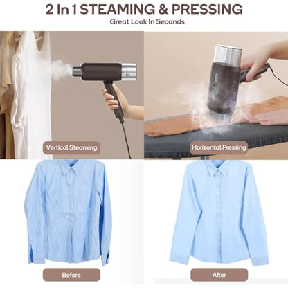 Newbealer Dual Voltage Travel Clothes Steamer - 220V/120V, 1200W Portable Garment Steamer with 180ml Detachable Water Tank, Horizontal & Vertical Steaming, Auto-Off, 20s Fast Heat Up, Brown