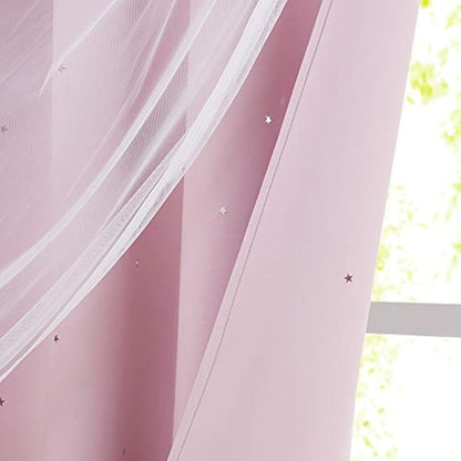 NICETOWN Blackout Curtains for Bedroom - Stars Cut Out Curtains for Kids Nursery Girls Living Room Thermal Curtains Drapery with Eyelet for Windows, 2 Panels, W52 x L63 Inch (132x160 cm), Pink