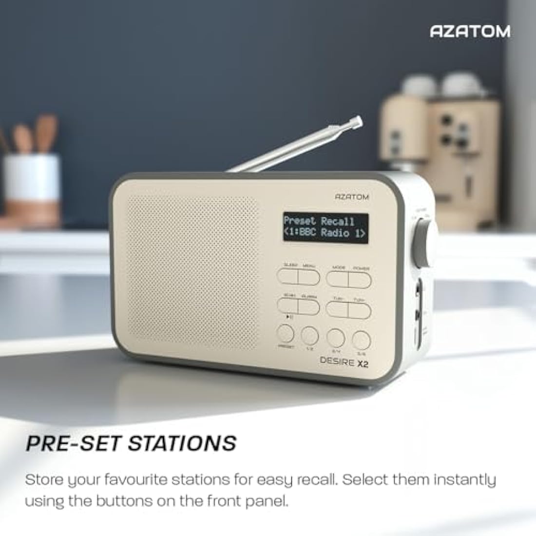 DAB/DAB+ & FM Portable Digital Radio | Simple Controls | Dual Alarms & Sleep Timer | Battery & Mains Powered (4x”AA”) | Bluetooth | Perfect for Home, Office or Outdoors | AZATOM Desire X2 (Grey)