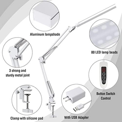 SKYLEO LED Desk Lamp with Clip and Base - Eye Protection Desk Lamps for Study - Swing Arm USB Desk Lamp Office - 3 Light Modes x 10 Brightness Levels - 5V/2A Adapter - White