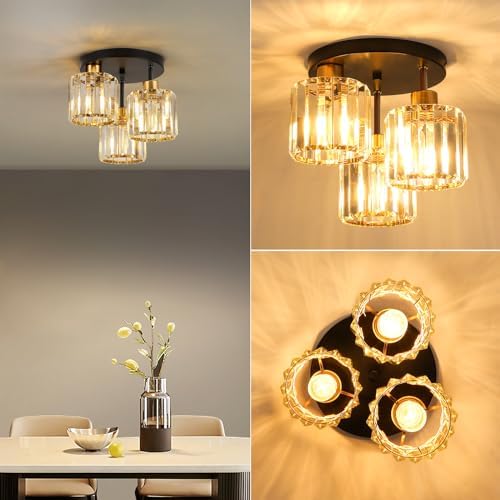 FORCOSO Ceiling Light 3 Lights, Black and Gold Light Shade Crystal Light Fitting, Semi Flush Modern Chandelier Lampshade, E27 Lighting Fixture for Living Room Bedroom Hallway Kitchen Dining Room