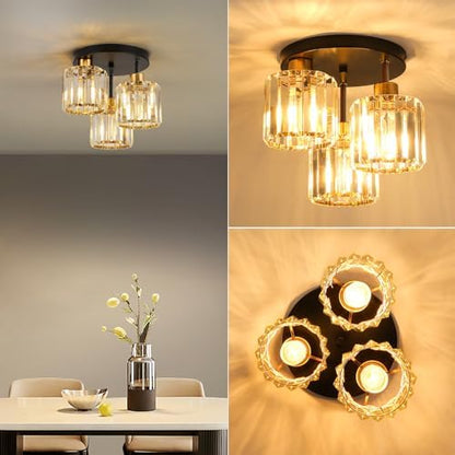 FORCOSO Ceiling Light 3 Lights, Black and Gold Light Shade Crystal Light Fitting, Semi Flush Modern Chandelier Lampshade, E27 Lighting Fixture for Living Room Bedroom Hallway Kitchen Dining Room
