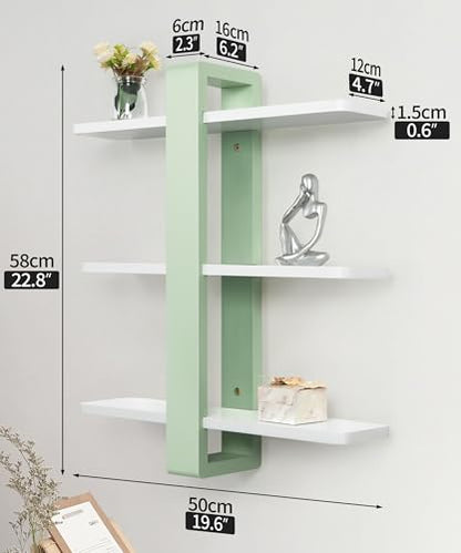 SUMGAR Floating Shelves for Wall Mounted Shelf Unit White Green All Pine Wood 50CM 3 Tier Large Rack for Bedroom Living Room Office Bathroom Home