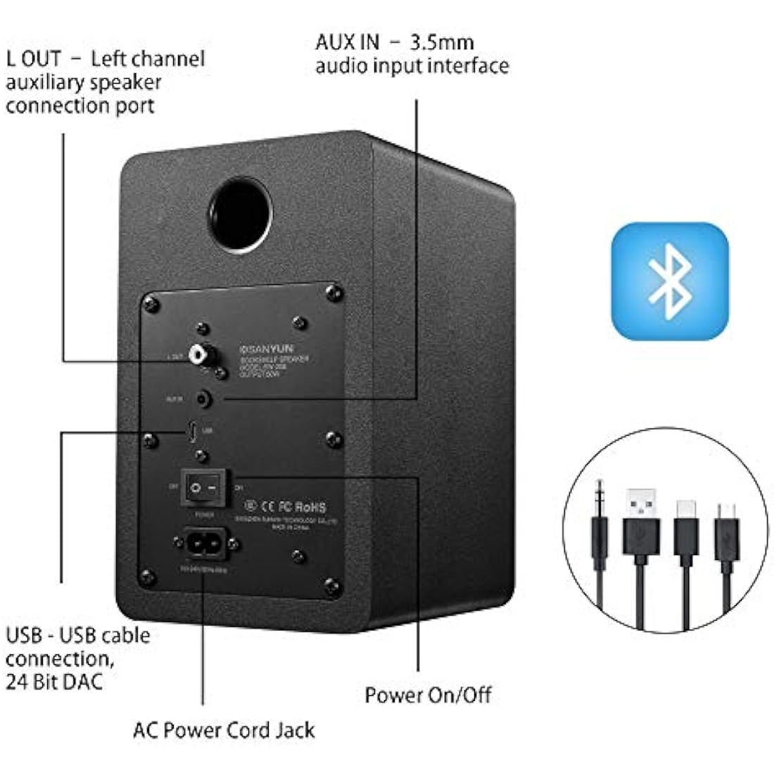 Sanyun SW208 3" Active Bluetooth 5.0 Bookshelf Speakers - 60W Carbon Fiber Speaker Unit - Built-in 24bit DAC - Dynamic 3D Surround Sound - 2.0 Computer PC Monitor Gaming Speakers (Pair, Black)
