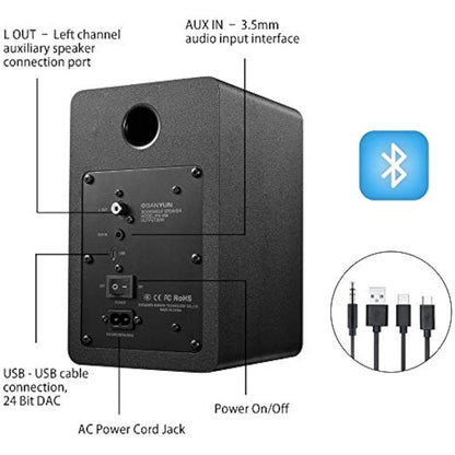 Sanyun SW208 3" Active Bluetooth 5.0 Bookshelf Speakers - 60W Carbon Fiber Speaker Unit - Built-in 24bit DAC - Dynamic 3D Surround Sound - 2.0 Computer PC Monitor Gaming Speakers (Pair, Black)