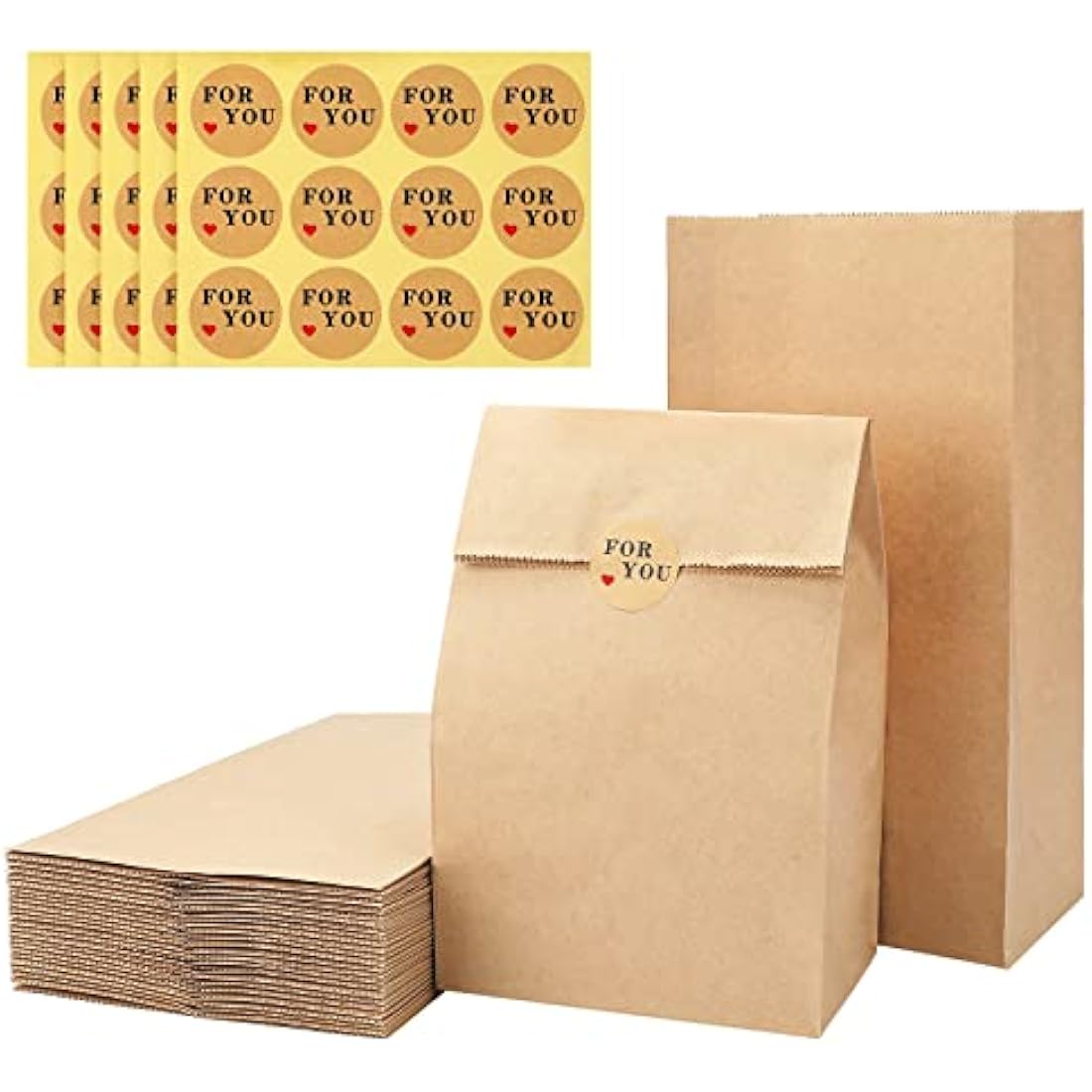 G2PLUS 50 Large Brown Paper Bags - 15.5x10x30 CM Kraft Candy Favor Bags with Stickers for Snack, Birthday, Wedding and Easter Xmas Party