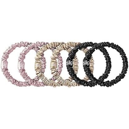 SLIP Silk Skinnie Scrunchies Set - Black, Pink, and Caramel - 100% Pure 22 Momme Mulberry Slipsilk Hair Ties for Women - 6 Pack