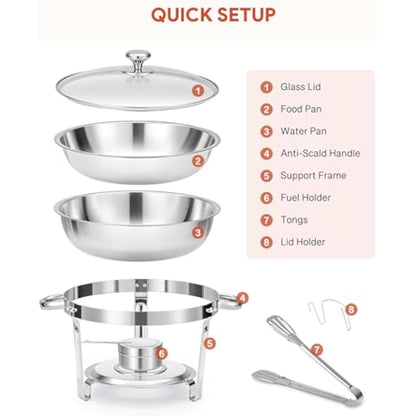 WILPREP Chafing Dish Buffet Set, 4 Pack 4.5L Round Chafers for Catering with Glass Lid & Lid Holder Water Food Pan, Stainless Steel Food Warmers