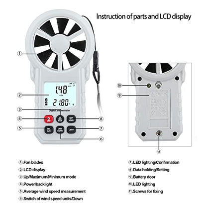 Digital Anemometer, Handheld Wind Speed Meter with Temperature/Humidity Sensor, USB & Bluetooth Connectable Air Flow Meter Wind Gauge for