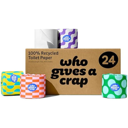 Who Gives A Crap – 100% Recycled, Twice as Long, Toilet Roll, Box of 24 (3-Ply, 400 Sheets-10x10cm) - Soft, Strong, Sustainable