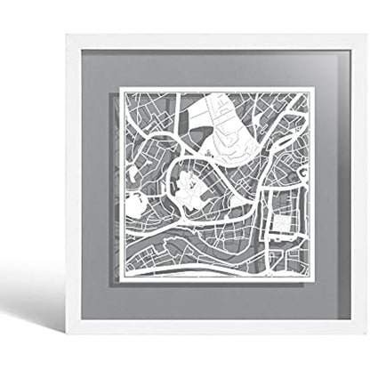 O3 DESIGN STUDIO Bristol Paper Cut Map framed, White map, White frame, 23x23 cm, Gift Boxed, 4 background color, self-changing, Paper Art