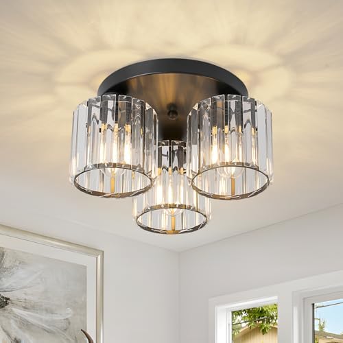 ZYDTRIP Crystal Chandeliers Ceiling Lights, 3-Lights Crystal Ceiling Lighting Living Room, Modern Black Semi Flush Mount Light Fittings for Bedroom, Hallway, Bathroom, Foyer, Kitchen Light Fixture