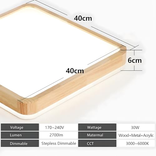 YYUTLUO LED Ceiling Light Wood, Top 360 Glow Square Natural Wooden Lamp | Dimmable with Remote Control 2700K-6500K, 30W | Living Room, Dining Room,