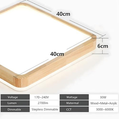 YYUTLUO LED Ceiling Light Wood, Top 360 Glow Square Natural Wooden Lamp | Dimmable with Remote Control 2700K-6500K, 30W | Living Room, Dining Room,