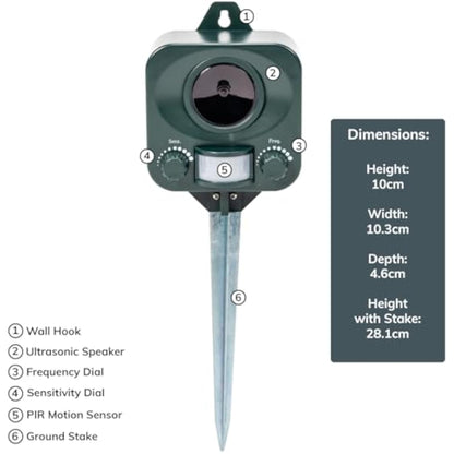 Pestbye® Waterproof Ultrasonic Cat Repeller and Scarer with Ground Stake (Battery Powered)