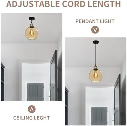 FORCOSO Industrial Glass Pendant Light - Vintage Ceiling Lights with Clear Ball Glass Shade Adjustable Hanging Pendant Lighting for Kitchen Island Dining Room Bedroom - ø20 cm