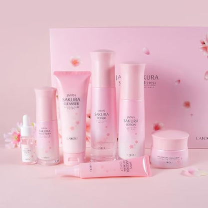 LAIKOU Japan Sakura Skincare Set, Luxury Facial Kit for Women Teenage Girls, Moisturizing & Anti Aging Skincare Gift Set - Cleanser, Toner, Lotion, Serum, Eye Cream, Face Cream, Makeup Primer, 7pcs