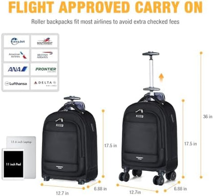 Ponhog Wheeled Backpack - 15.6 Inch Laptop Travel Backpack with 4 Spinner Wheels, Flight Approved Trolley Rucksack for Women & Men, Cabin Approved Carry On Luggage,Black