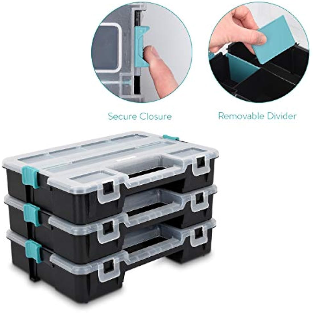 Navaris Plastic Storage Box - Stackable Organizer Case with Adjustable and Removable Divider Compartment for Tools, Small Items, Jewelry - 3 Boxes