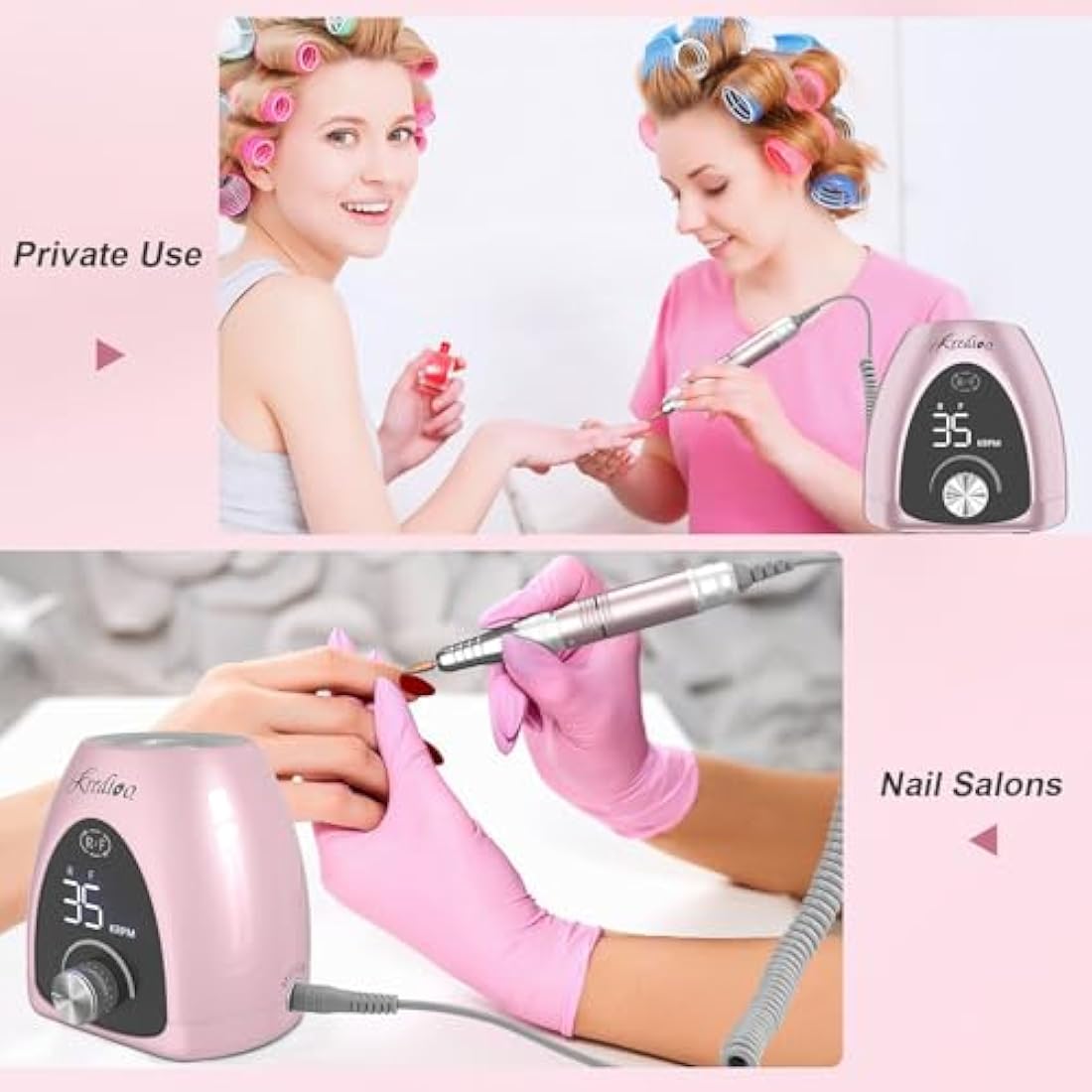 Kredioo Professional Electric Nail Drill Machine 35000RPM Electric Nail Files for Acrylic Nails Gel Nails Manicure Pedicure Salon E File Kit with Pause Button LED Display, 36W, UK Plug, Rose Pink