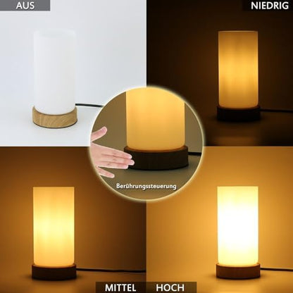 HSLighting Bedside Lamp Touch Control Table Lamp with Wooden Base Warm Glass Shade 3-Level Dimmable LED Light Bulbs Desk Lamp Minimalist for Bedroom Living Room Children's Room Round, 2 Pack
