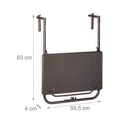 Relaxdays Folding Balcony Table, Hang on Railings, 3 Height Settings, Rattan Effect Tabletop, WxD: 59.5 x 36 cm, Brown