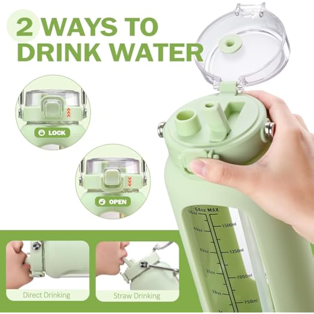 BLUEGO 2000ml Borosilicate Glass Water Bottle with Stainless Handle and Time Marker 2L Drinking Bottle with Silicone Sleeve and Straw for Gym Office Outdoor Sports Water Bottles BPA Free, Light Green