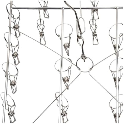 BARGAIN FACTORY Metal Sock Hanger, Stainless Steel Heavy Duty Drying Rack with 36pcs Pegs and Swivel Hook, Windproof Laundry Metal Square Hanger for Socks, Underwear and Small Items.