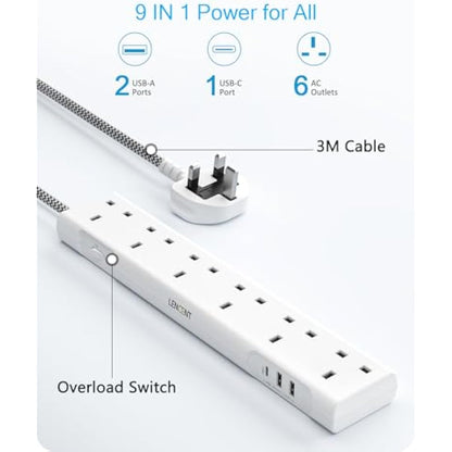 LENCENT 3M Extension Lead with USB Slots, 6 Way Outlets Power Strip with 1 USB-C and 2 USB Slots,Multi Power Plug Extension with 3M Braided Extension Cord for Home Office, White