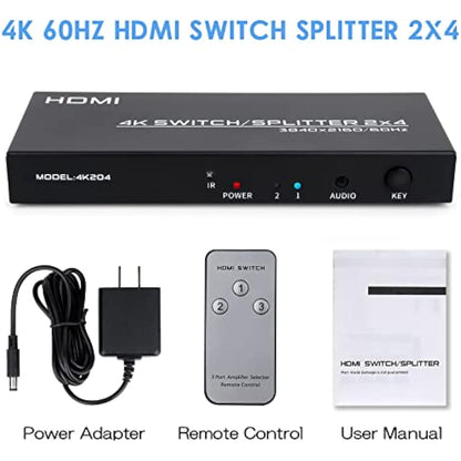 HDMI Switch Splitter 2 in 4 Out, 4K@60Hz HDMI Switch with Remote and Audio Out, Support 3D 1080P HDCP2.2 HDR for PS4, Xbox, HDTV, Blu-ray Player