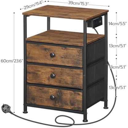 HOOBRO Bedside Table with Charging Station, End Table with 3 Fabric Drawers, Sofa Side Table with USB Ports and Socket, Nightstand for Bedroom, Living Room, Rustic Brown and Black EBF403KBZ01